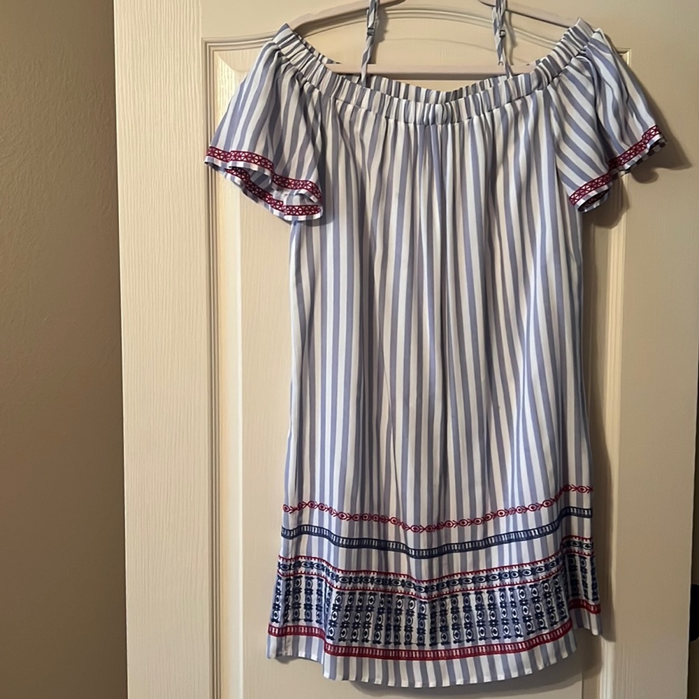 Blue and white striped cold shoulder dress
